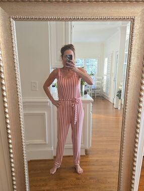 LOFT Pink and White Striped Sleeveless Tie-Waist Jumpsuit